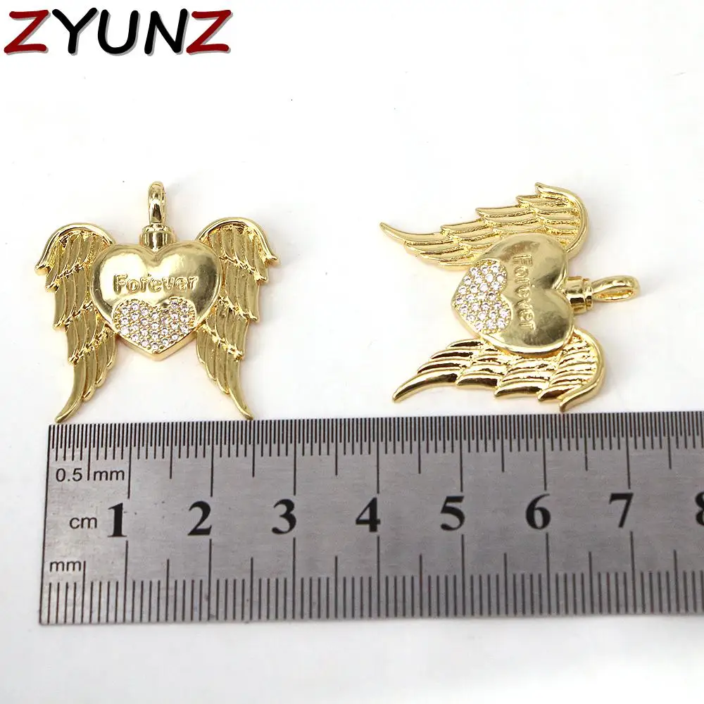 

5PCS, Micro Pave Wing Heart Pendant, Protection Pendant. Angel Wings Pendant Necklace, Forever Word On Heart With Wings Pendant