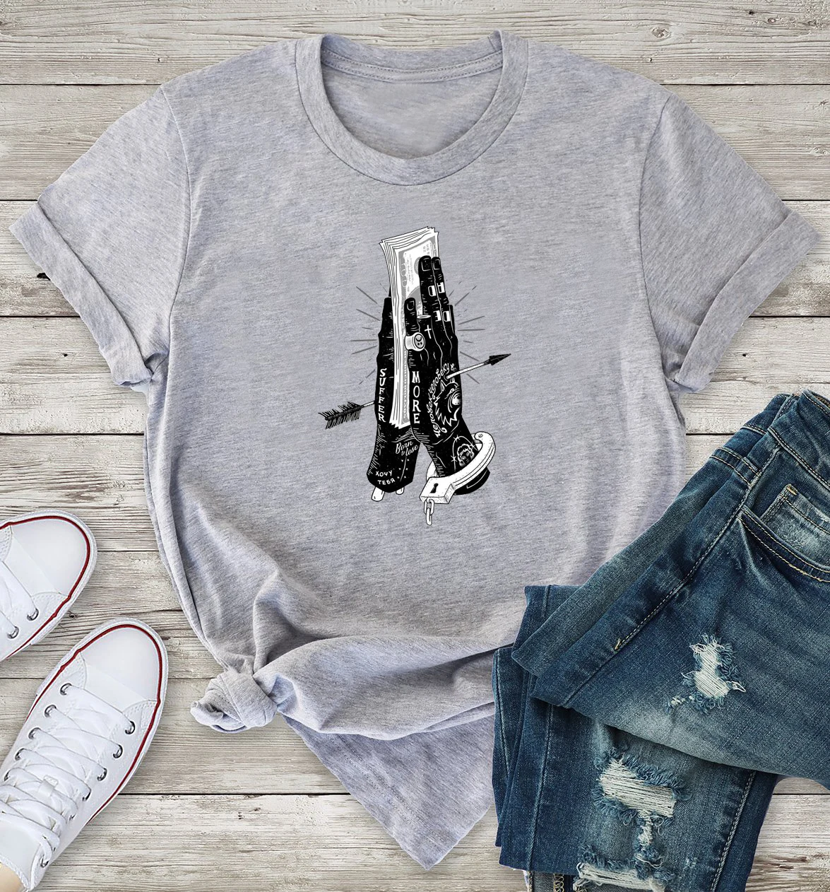 Готическая женская футболка с рисунком из цветных страдающих ведьм руки и деньги