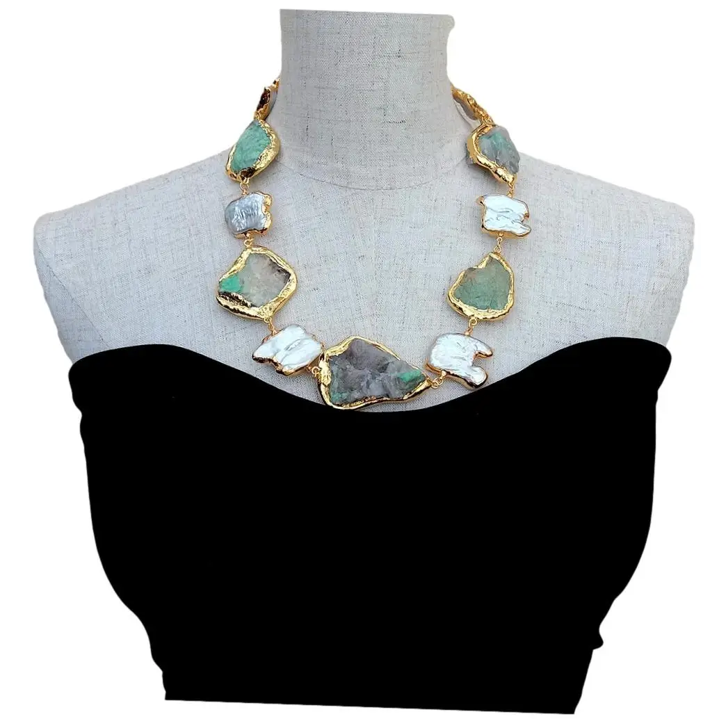 

YYING Cultured White Keshi Pearl Natural Green EmeraldsRough Necklace 22"