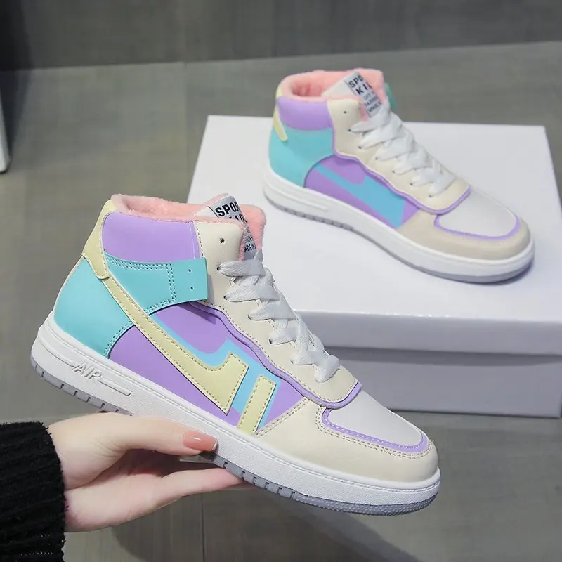 

2020 Winter New Multicolor Add Wool Warm High Top Shoes Pu Leather Lace Up Sneakers Women Platform Flats Casual Vulcanized Shoes