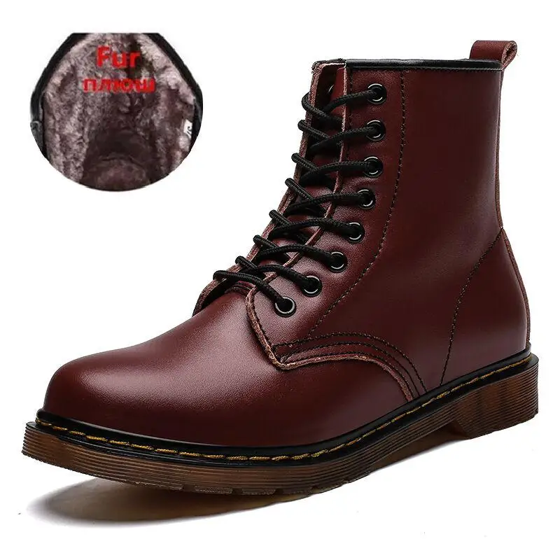 Fur red Новые брендовые кожаные ботильоны; сезон осень-зима; мужские ботинки; модные ботинки в байкерском стиле; уличные рабочие зимние ботинки; мужская обувь - Цвет: Fur red
