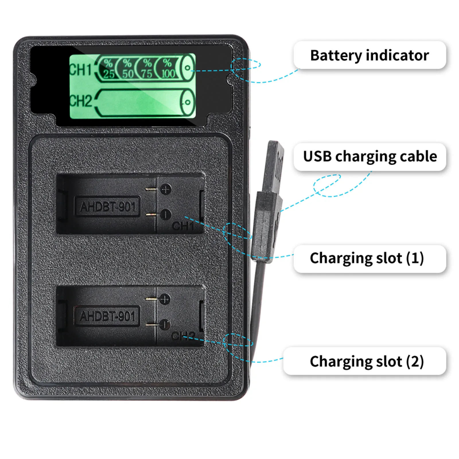

New Black Battery Charger for GoPro Hero 9 Dual Port with LCD Display Charging Cable GoPro Hero 9 Accessories DOM668