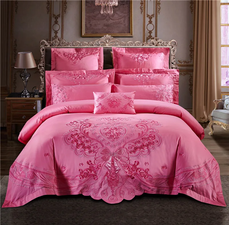 

Luxury embroidery bedding red color satin wedding bedding set queen king size 4/6/9pcs duvet cover bedspread set