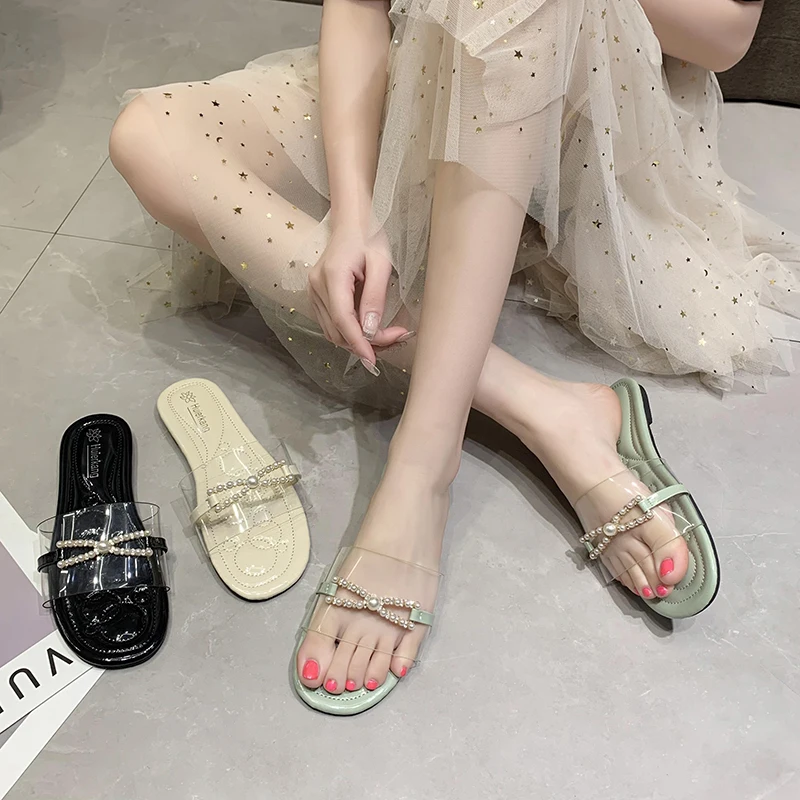 

Female Sandal Clear Heels All-Match 2021 Summer Black Shoes for Women Girls Beige Flat Fashion Comfort Outside Plastic New Beach