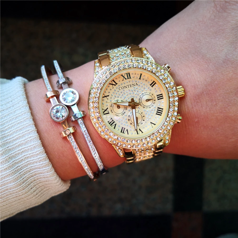 Reloj Mujer, новинка, золотые, серебряные, розовые, золотые, Известный Топ бренд, Роскошные, Contena, женские Стразы, полностью бриллианты, женские часы под платье