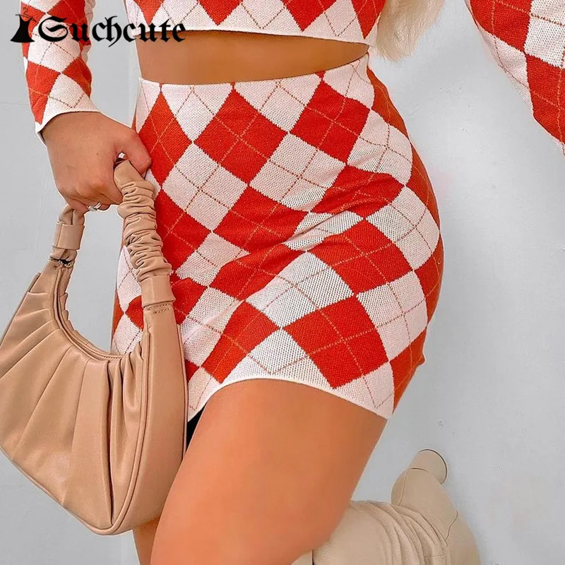 

SUCHCUTE Vintage Knitted Argyle Skirt Women Aesthetic Mini skirts Harajuku High Waist Straight Skirts Casual Ladies Streetwear