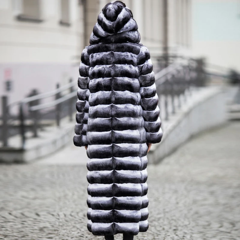 130cm Long Genuine Chinchilla Rex Rabbit Fur Coat With Big Hood For Women Full Pelt Natural Rex Rabbit Jacket Winter Woman Coats