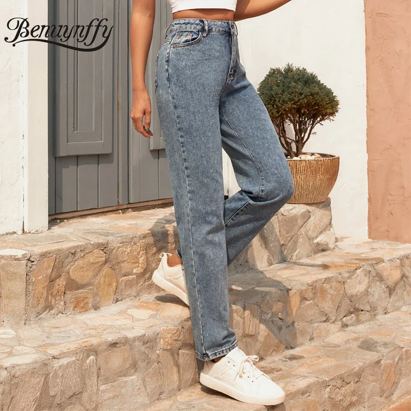 

Benuynffy Streetwear Vintage Washed Jeans Women Spring Summer 2020 Button Fly Casual OL Female High Waist Jeans Long Pants