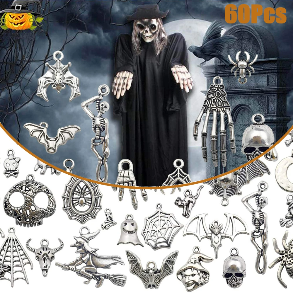 

60 шт. античные серебряные подвески для Хэллоуина, изготовление ювелирных изделий, винтажный стиль, аксессуары для рукоделия, ожерелье