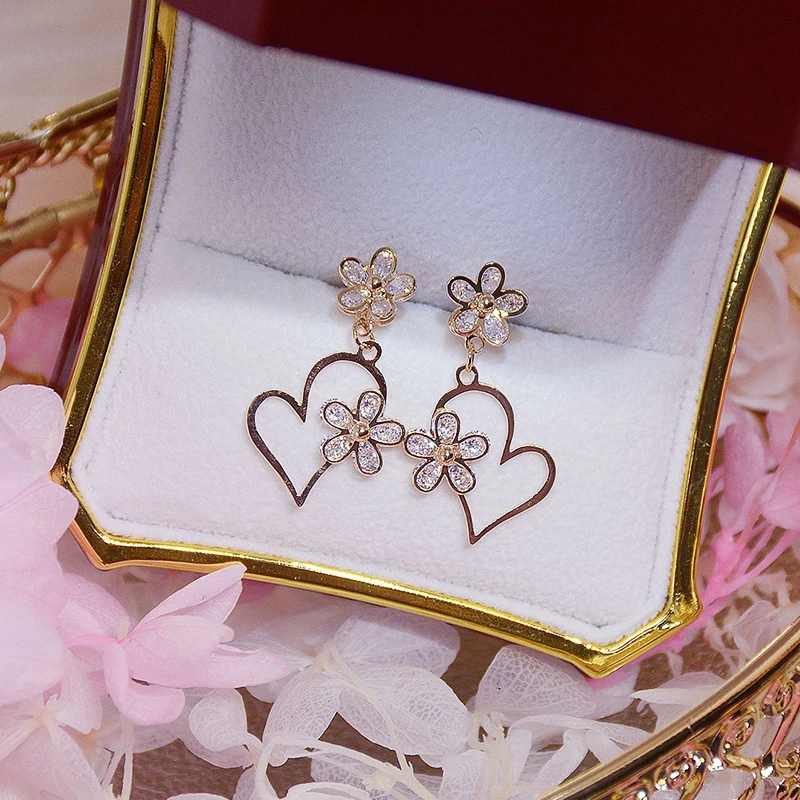 

Trendy Elegant 14K Real Gold Plated Love and Flowers Earring for Women Top AAA Shiny Zircon S925 Silver Needle Stud Jewelry Gift