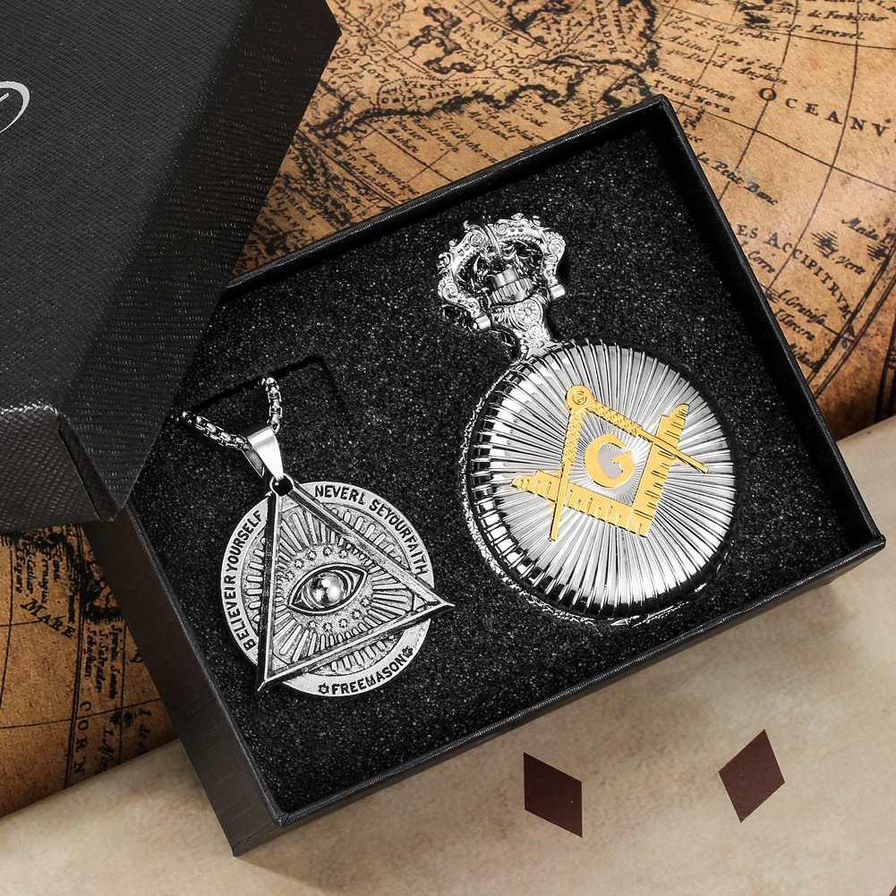 Masonic Pocket Watch Gift Set Man's Quartz Pendant Pocket Clock Fashion Necklace Exquisite Gifts with Box for Husband Father