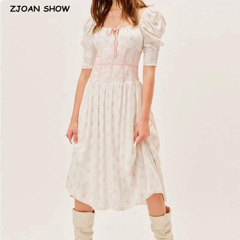 

2022 Romantic Ribbon Lacing up Square Collar Midi Dress French Floral Print Ruched Cuff Short Sleeve Long Holiday Robe White