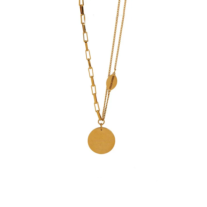 

Double-Layer T Buckle Round Disc Pendant Necklace for Women Chain Necklace