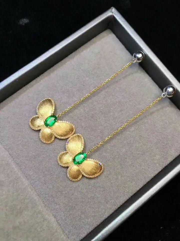 MeiBaPJ серьги-подвески с натуральными изумрудными камнями Бабочка Настоящее