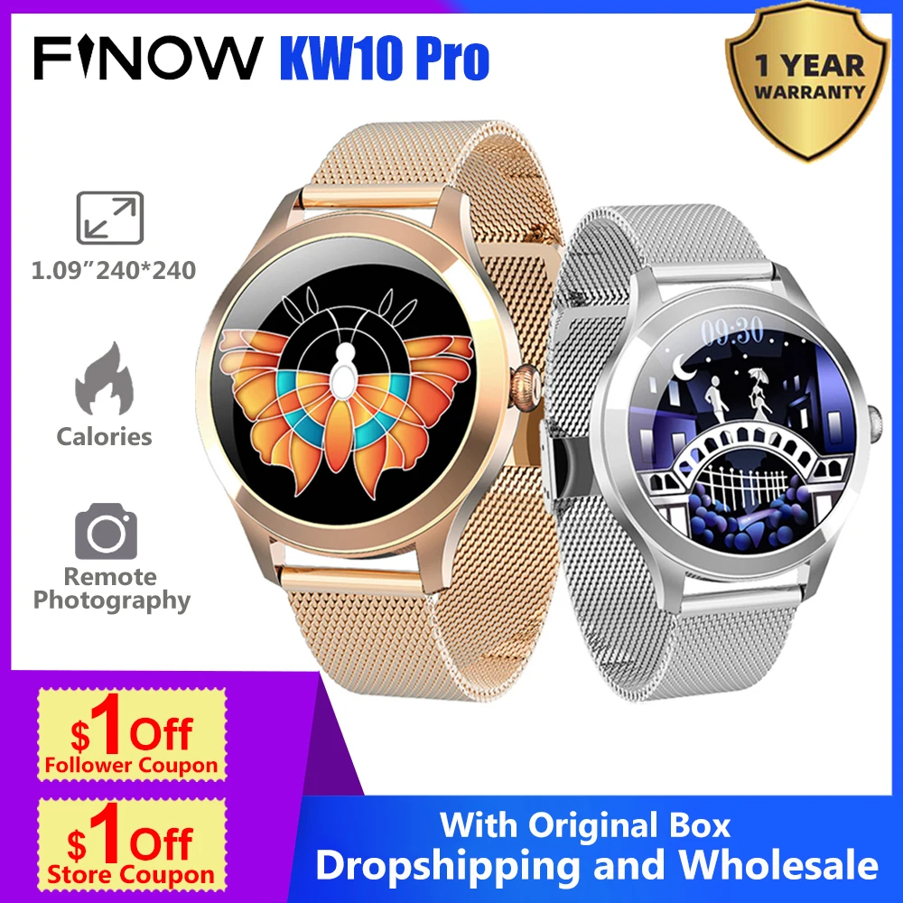 Finow KW10 Pro Смарта часы Для женщин полный сенсорный IP68 Водонепроницаемый монитор