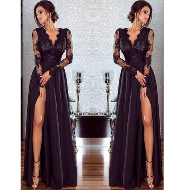 

Black Sexy Lace Women Summer Maxi Split Dresses Vestidos Elegant Long Sleeve V-Neck Floor-Length Evening Party Dress