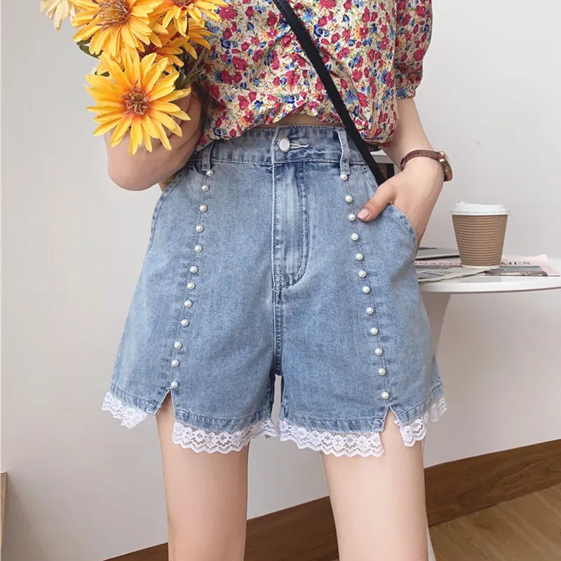 

2021 korean Women Shorts Casual Denim Shorts beading lace hem High Waist Slim Summer Jeans Shorts Female Chic Hot Ladies Bottom