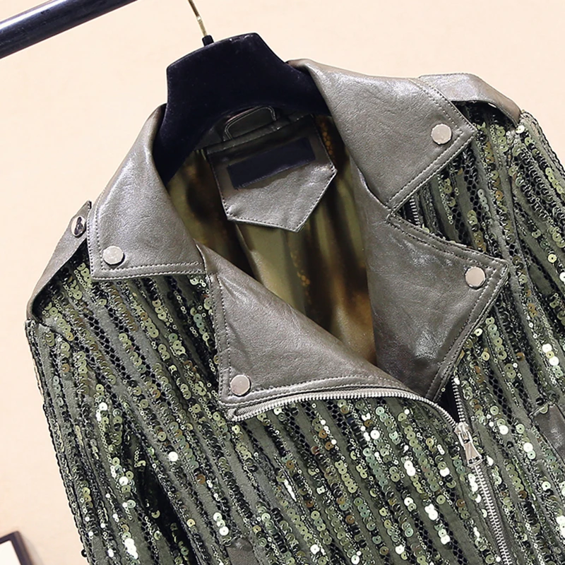 Женская короткая мотоциклетная куртка из ПУ кожи с блестками | одежда