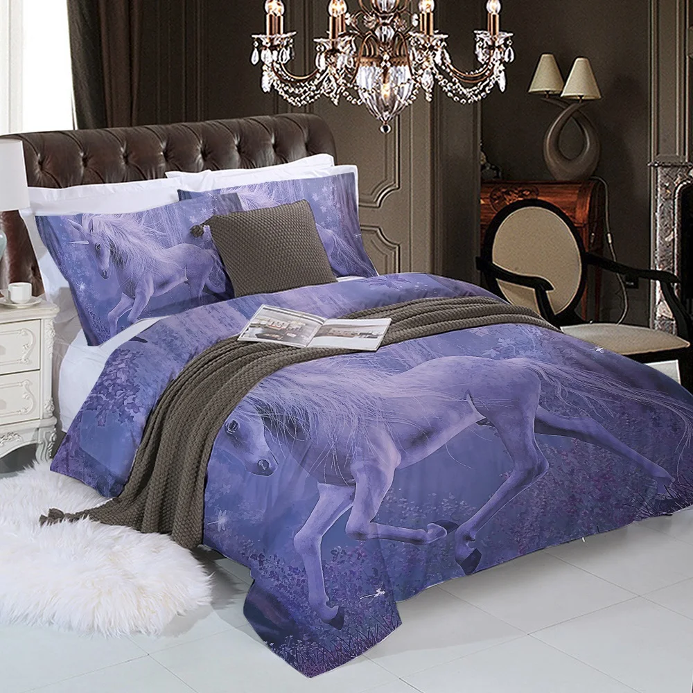 

Purple Unicorn Bedding Set 3D Printed Quilt Cover with Pillowcases Floral Scenic Bed Set 3-Piece Home Textiles Twin
