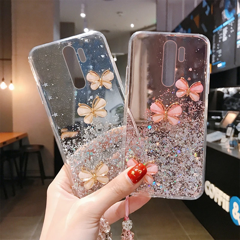 Luxury Cute Bling Glitter Lanyard Silicone Phone Case For Xiaomi Redmi Note 10 9 8 Mi 12 11 T Lite Pro 5G Ultra-thin Rope Cover