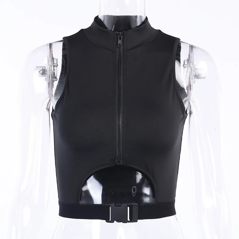 

Black Sexy Zipper Neck Womens Tops And Blouses 2020 Summer Fashion Sleeveless Crop Tops Shirts Ladies Blouses Streetwear AA5482