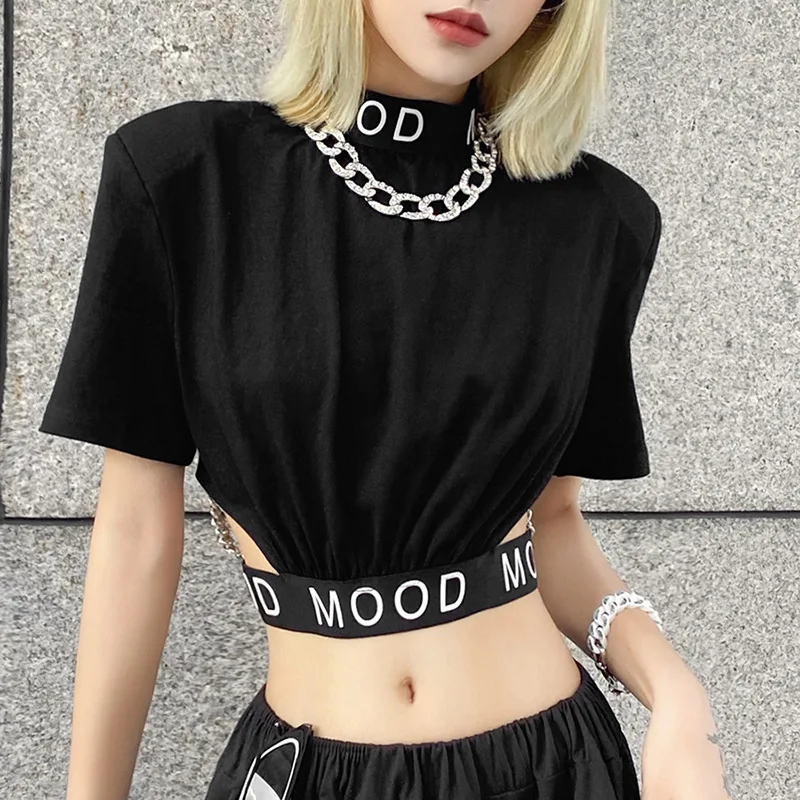 

Women's T-shirt 2021y2k Top Ins New Street Fashion Letter Printing Half-open Collar Waist T-shirt Women Hollow Out Goth T Shirts
