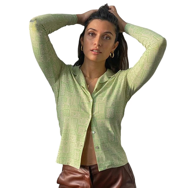 

Solid Color Cardigan for Women Y2k Long Sleeve Crop Top Shirt Vintage Harajuku Streetwear Turn-down Collar Ladies Blouses