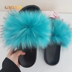 Home Plush Flat Slippers Ladies Summer Pure Color Faux Fur Slippers Leisure Fluffy Indoor Outdoor Luxury House Slides Hot Sale