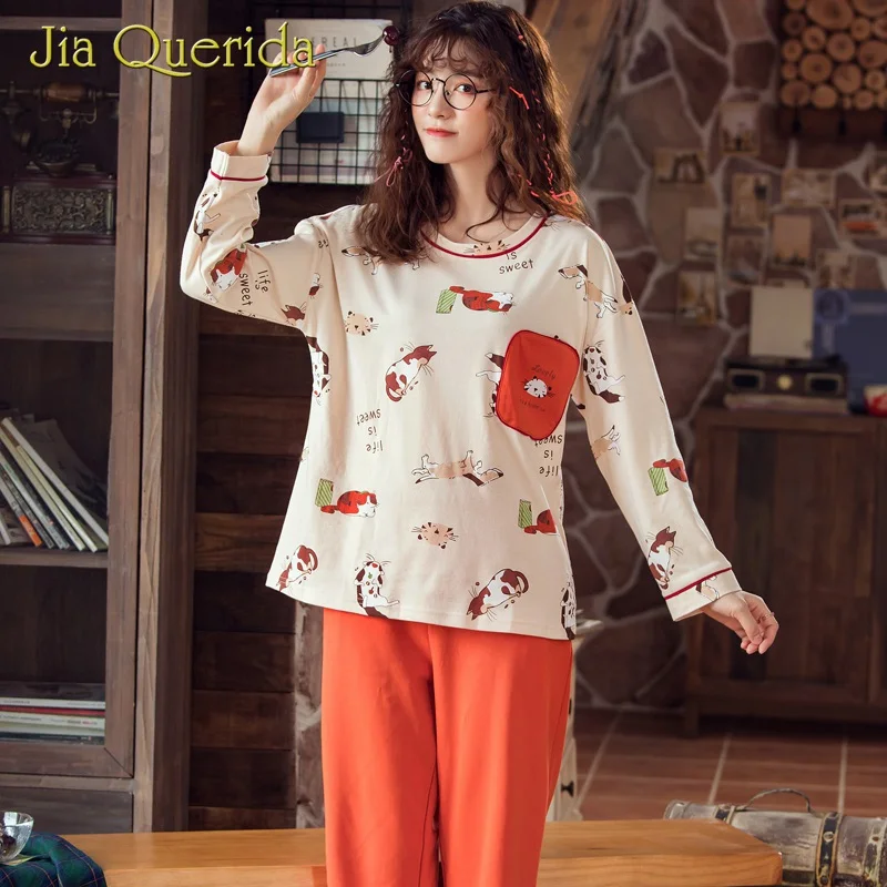 Женская пижама с длинным рукавом хлопковая одежда для сна круглым вырезом