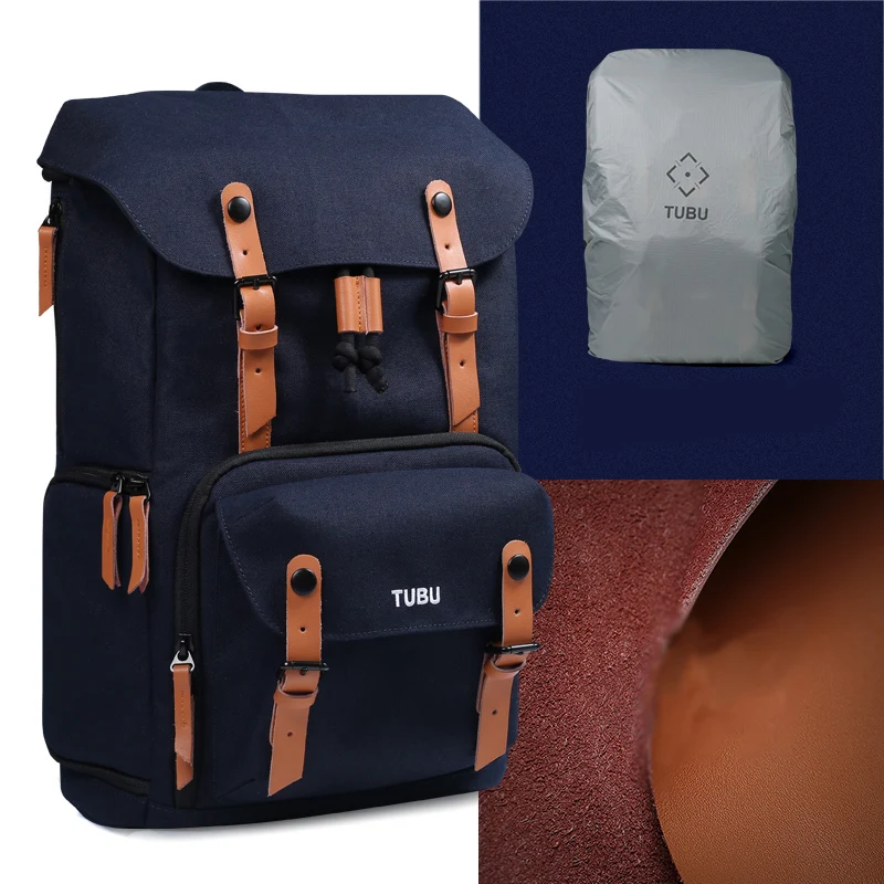Leather retro micro single Camera bag shoulder large capacity digital SLR bag TUBU 6033 casual portable backpack - Цвет: Blue