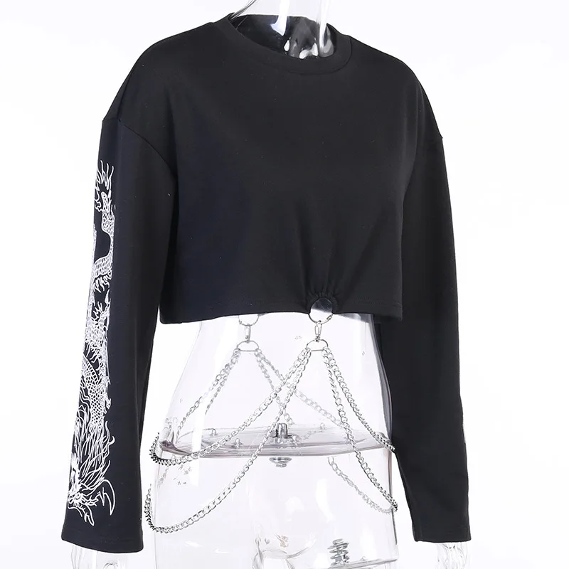 

Harajuku Loose Long Sleeve Dragon Print Splice Chain Top Women Clothing Autumn Gothic Fashion Streetwear Casual T Shirt 2020