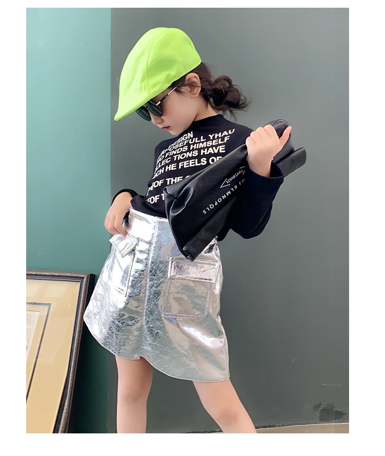 Girls skirt early autumn new bright face laser skirt was thin fashion foreign gas pocket A word skirt
