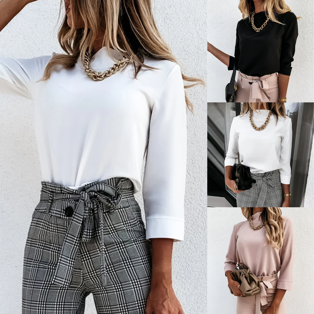 

Women Casual Shirts Pullover OL Shirt Plus size Half High Neck Pure Color Classic Basic Blouses Clothes Female