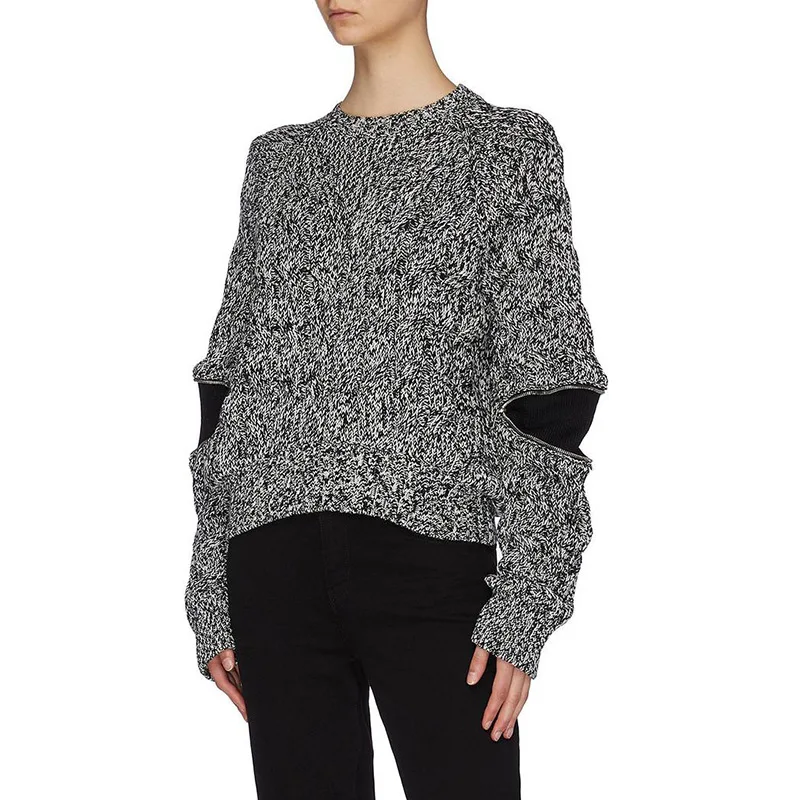 

Europe Fashion Spring 2021 New Thick Wool Color Contrast Loose O-neck Pullover Long Sleeve Zipper Opening Knitted Sweater Bb96