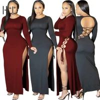 pure color sexy high fork halter dress backless cross tied bandage high split plus size maxi vestidos long sleeve casual clothes