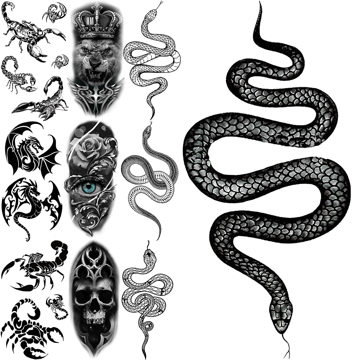 

Черная змея, временные татуировки для женщин и мужчин, реалистичные татуировки в виде скорпиона, дракона, глаза, черепа, короны, искусственн...