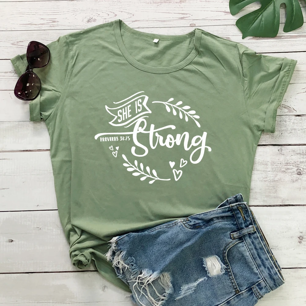 olive-white text She Is Strong пословицы 31: 25 футболки женские Необычные графические вдохновляющие Христианские Футболки женские модные церковные Библейские стихи футболки - Цвет: olive-white text