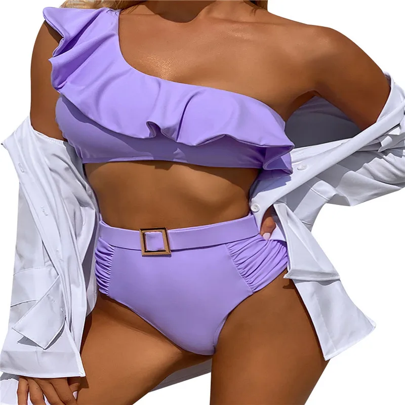 

Комплект из 2 предметов дамы гофрированное платье на одно плечо бикини костюм отделкой пикантные Высокая талия купальник летние однотонные...