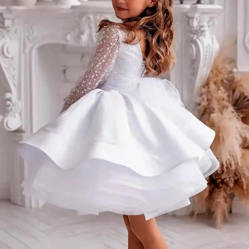 

White Lush Girl Party Dresses Elegant Fluffy Girl Princess Dress luxury Birthday Wedding Dress Girl deguisement princesse fille