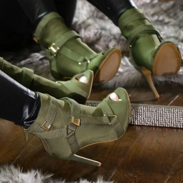 

Sexy Army Green Peep Toe Back Zipper Bootie Peep Toe Buckle Strap Thin Heeled Gladiator Sandals Boot Shoes Women Sexy Ankle Boot