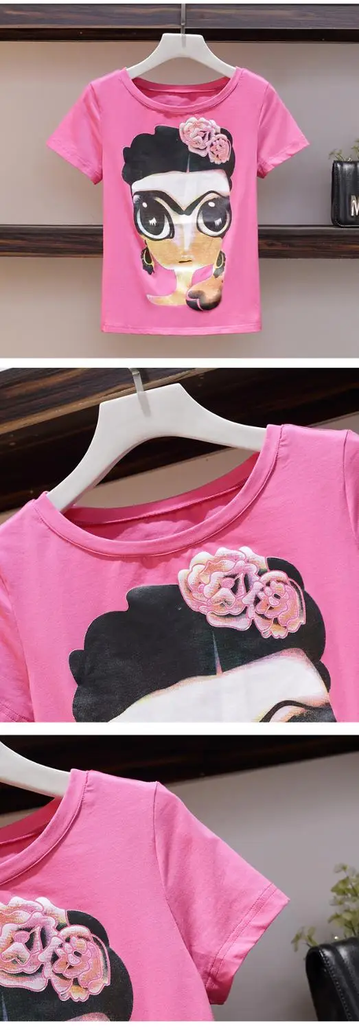 

With Belt New Summer Women's Shorts Suits Cute Cartoon Print Tees And Floral Printed Pants Shorts Set Clothing Set NS298