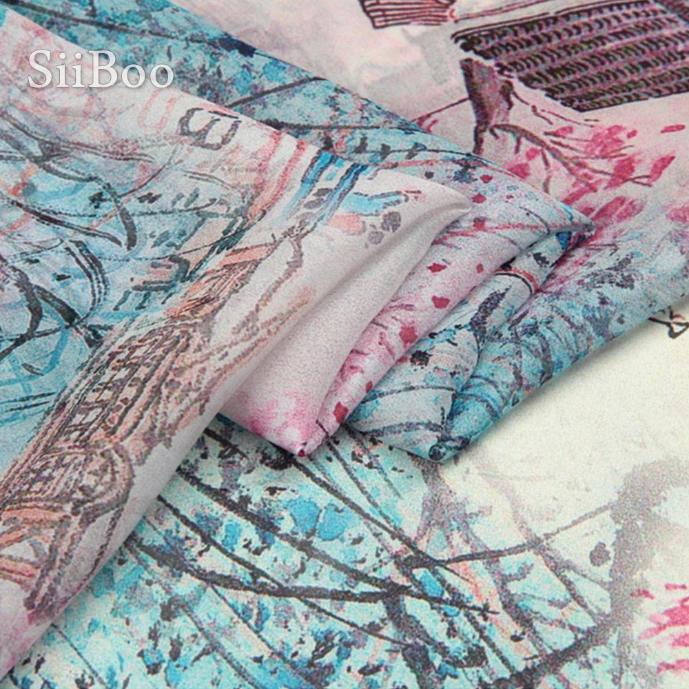 Китайский стиль Печать 100% натуральный шелк шифон ткань одежда для платья чистый