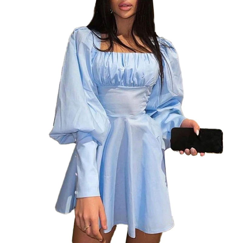 

Kayotuas Women Dress A-Line Puff Long Sleeve Square Collar Princess Sweet Girls Elegant Pleated Office Ladies Sundress