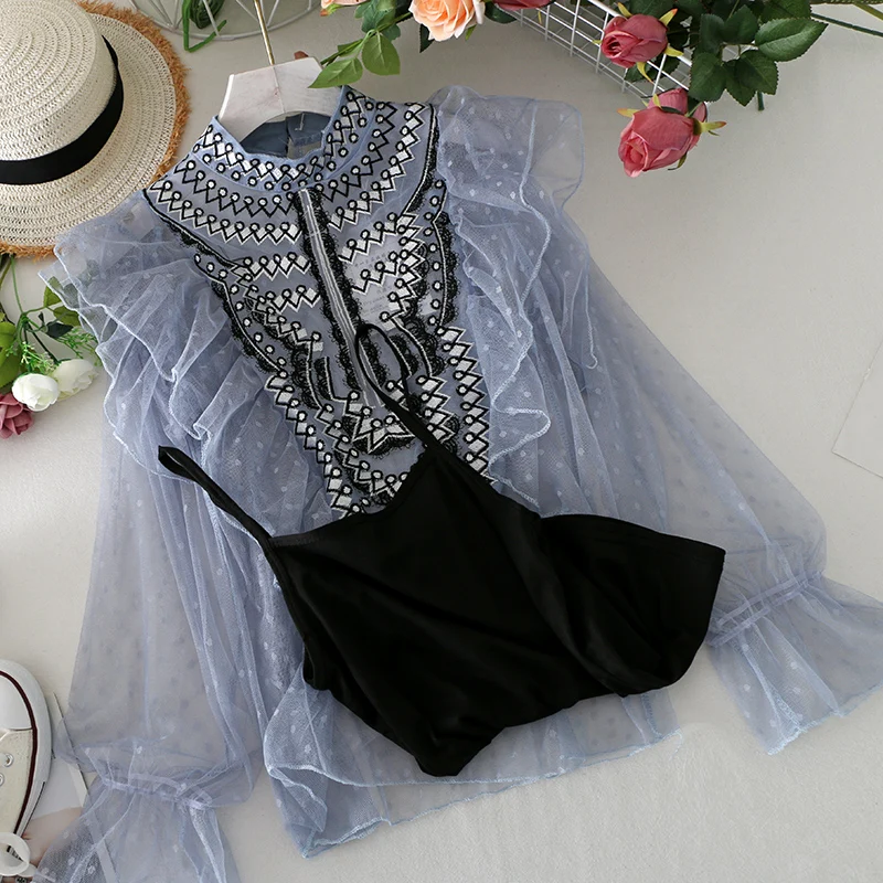 Женская кружевная блузка в горошек эластичная облегающая сетчатая с рукавами