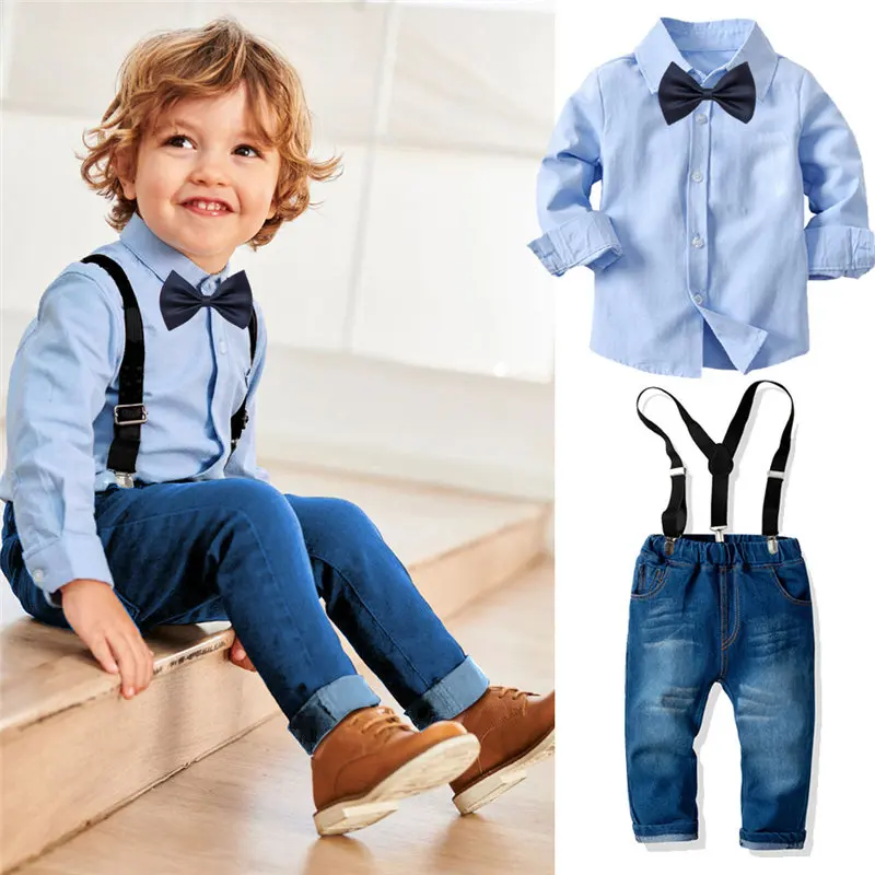 

Boys Gentleman Fashion Set Long Sleeve Shirt Tie Suspenders Jeans Toddler Kids Formal Wear Children Spring Clothing
