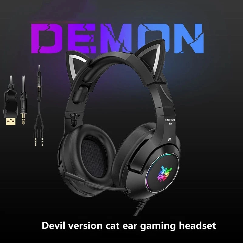 Новое поступление игровая гарнитура K9 Black Demon с кошачьими ушками и микрофоном