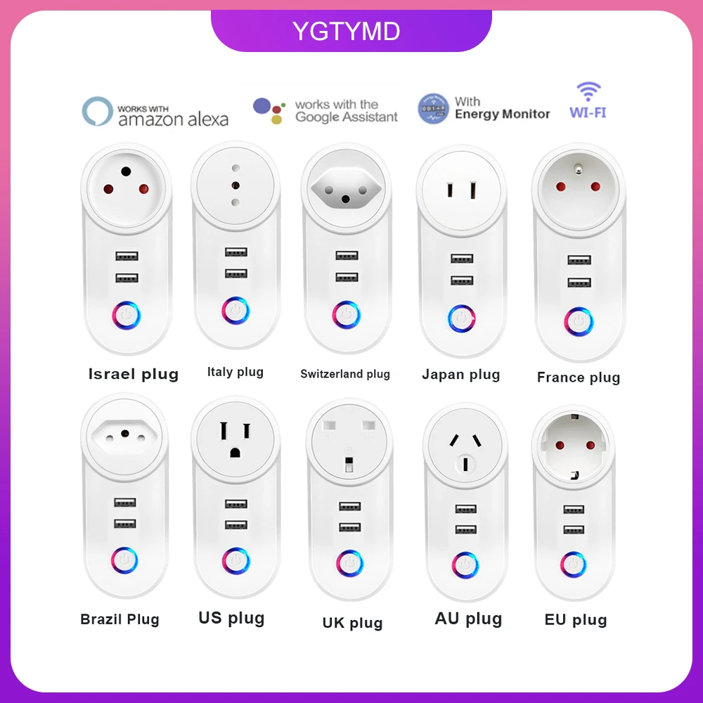 Умная розетка с двумя USB-портами для ЕС Великобритании США Израиля BR AU FR ITA Za