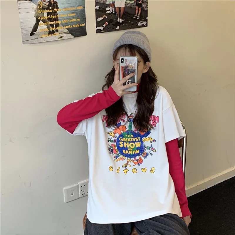 

Summer Loose Fake Two Lazy T-shirt Female Korean Harajuku Women's T-shirts Tops Japanese Kawaii Ladies Ulzzang Clothes For Women