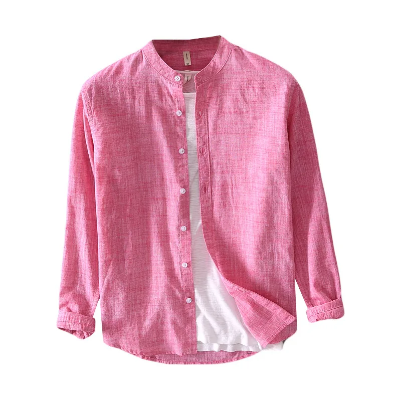 

2021 New Men's Linen Shirt Solid Color Stand Collar Long Sleeve Shirt