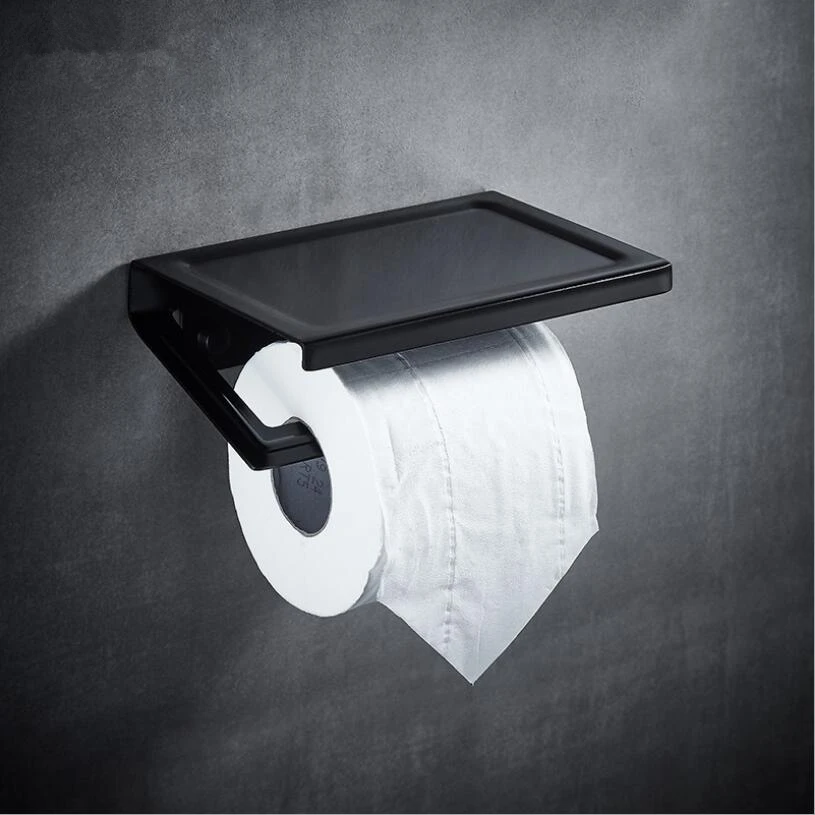 

Wall Mounted Black Toilet Paper Holder Tissue Paper Holder Roll Holder With Phone Storage Shelf Bathroom Accessories